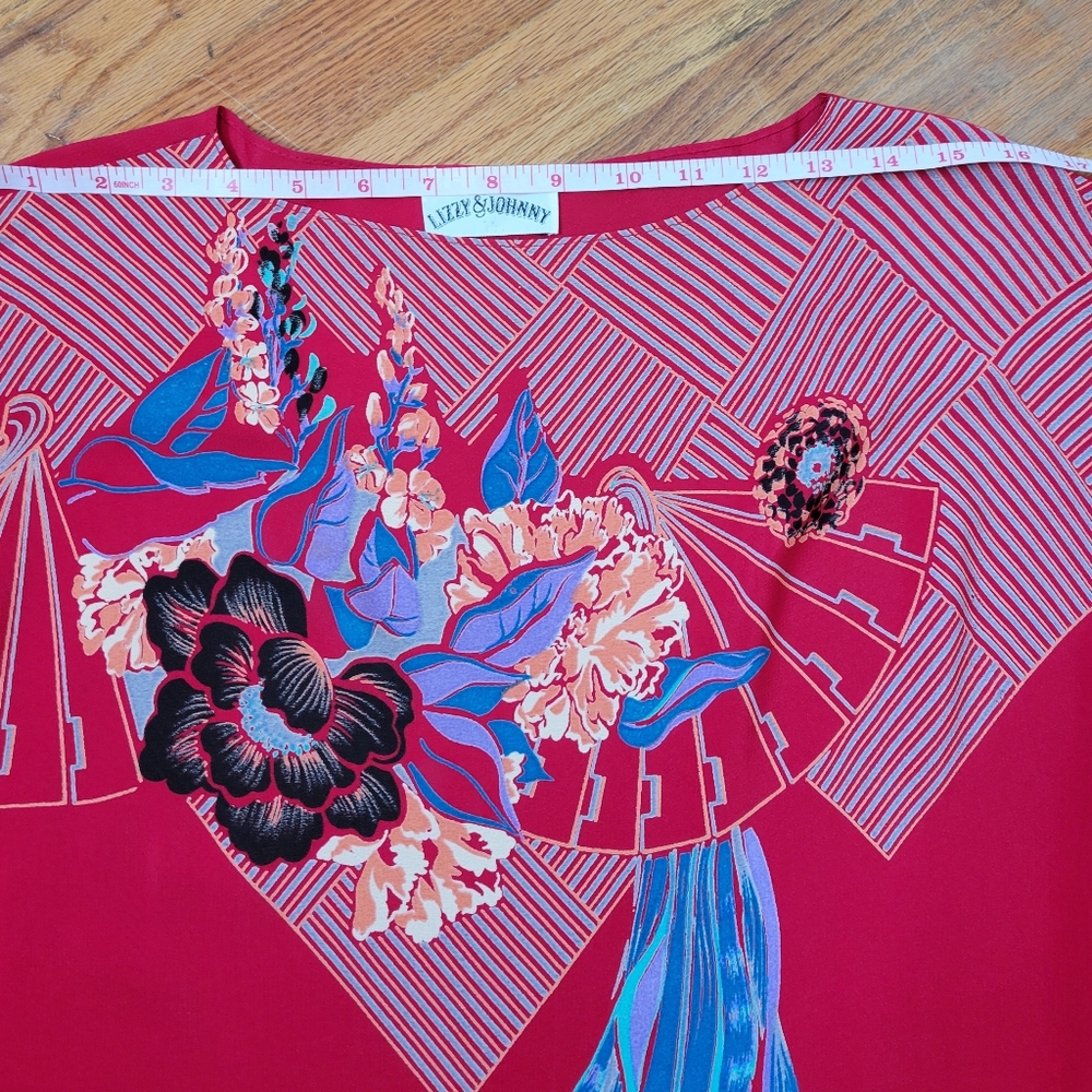 Lizzy & Johnny Silk Dress Red With Floral Asian Print Side Slit Slit Sleeves - Picture 10 of 16